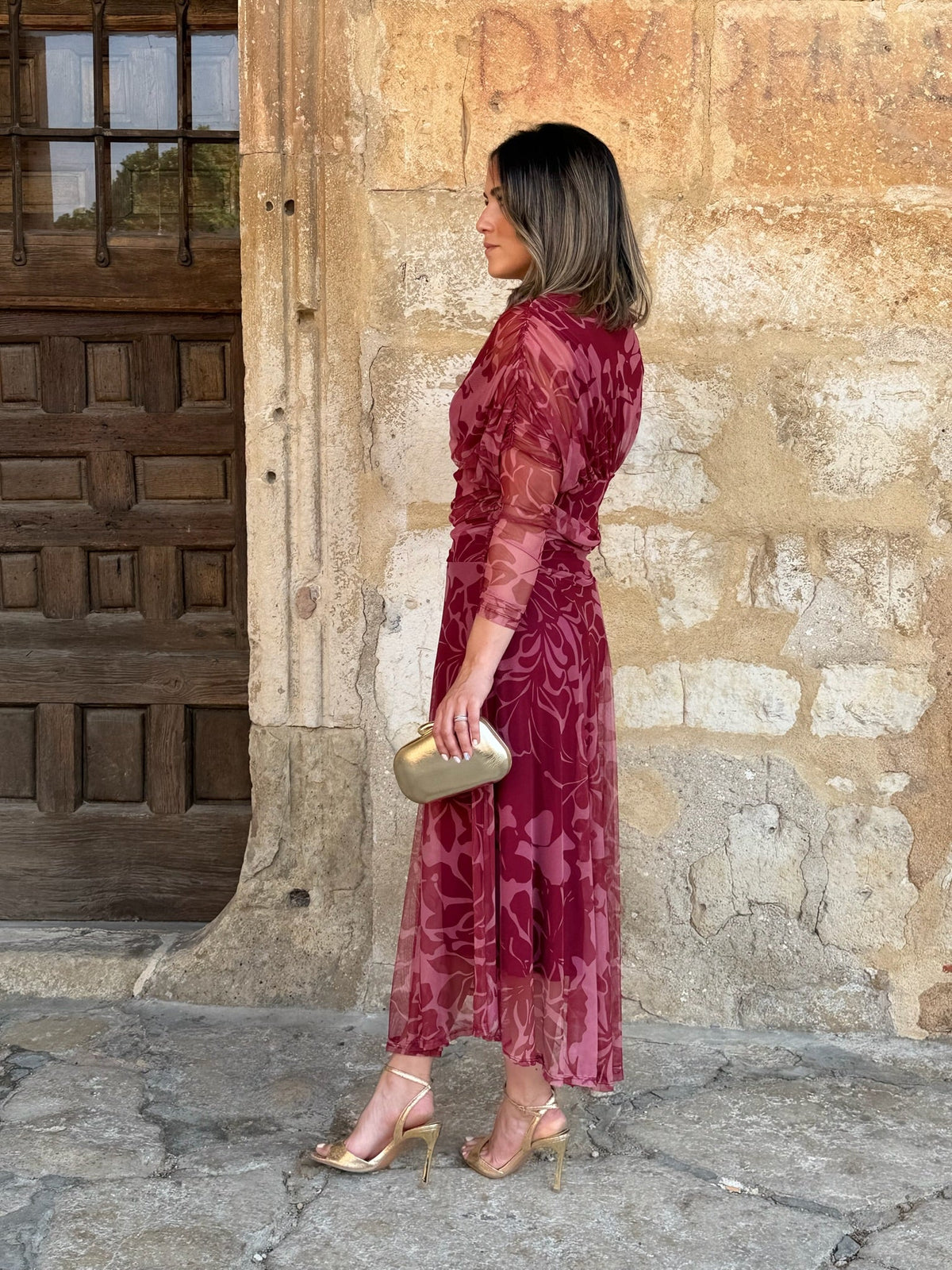 Vestido de tul estampado con escote cruzado Rinala - detalle tejido