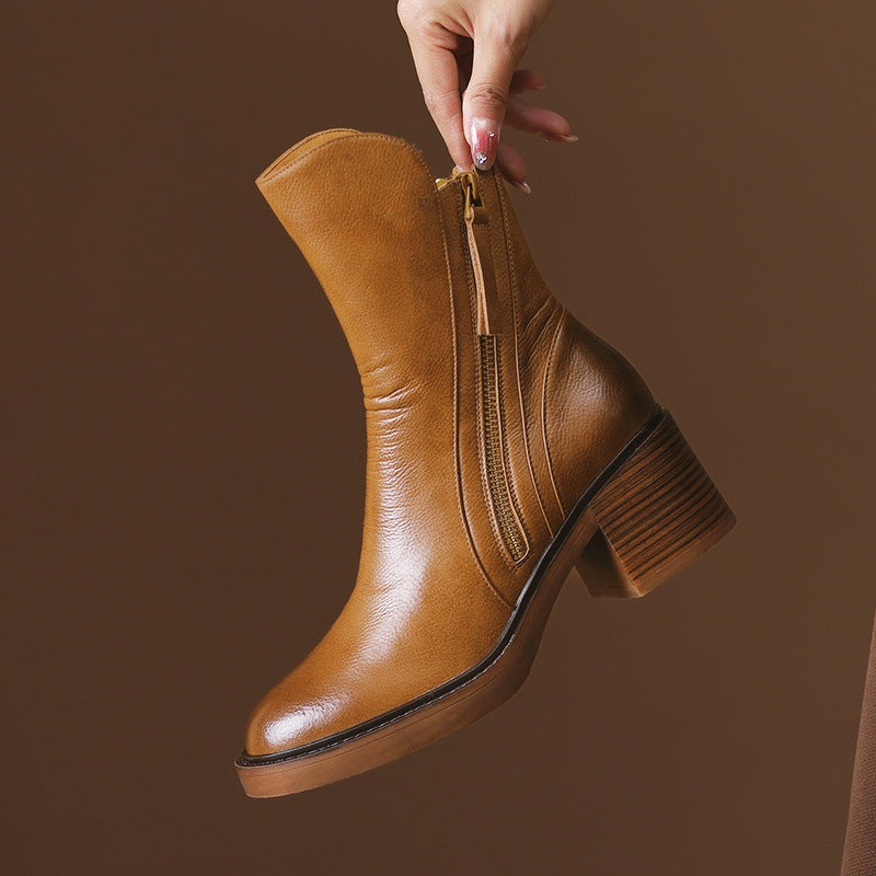 Botines de Piel Vegana con Tacón de Bloque y Cremallera Lateral