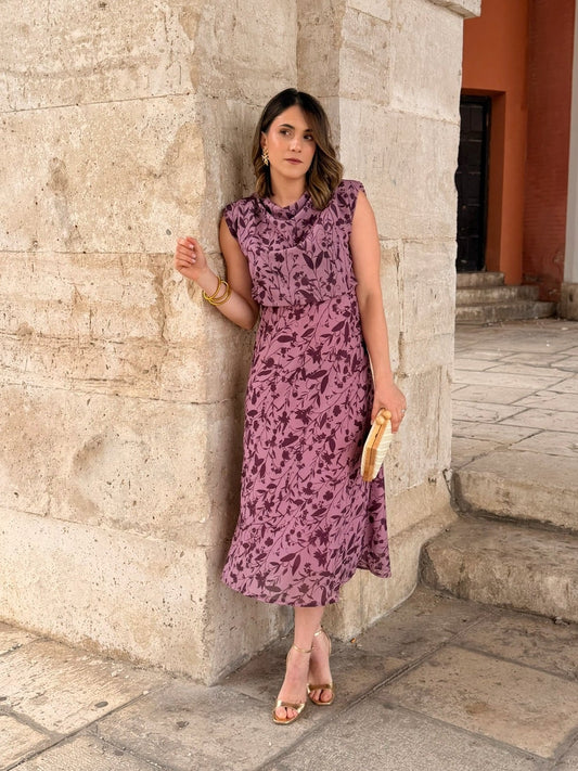 Vestido midi floral malva Daria - vista frontal
