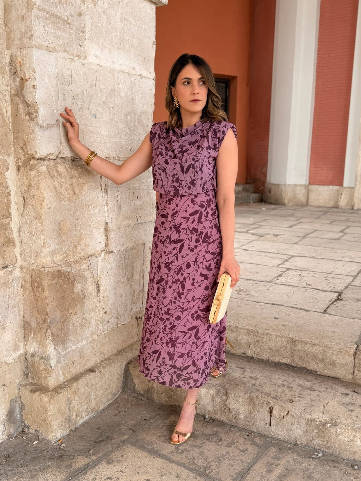 Vestido midi floral malva Daria - vista completa
