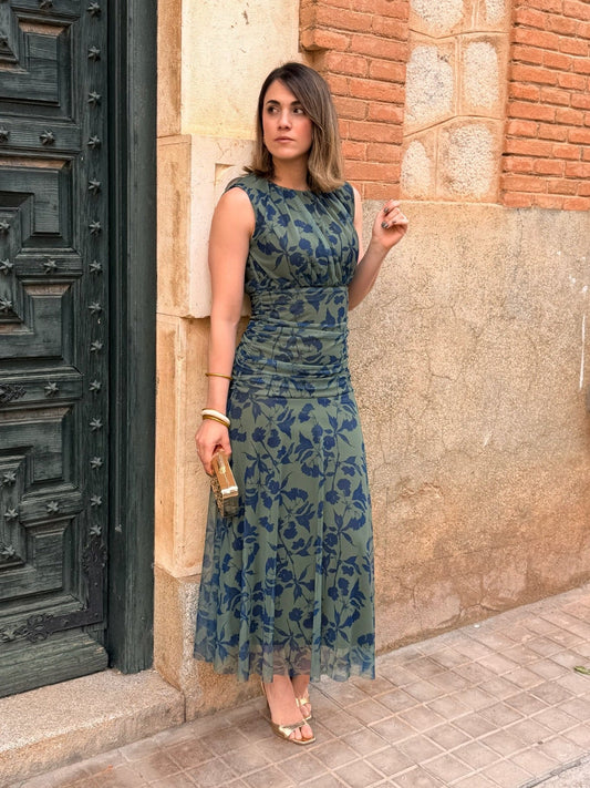 Vestido midi floral verde oliva Carmen - vista frontal