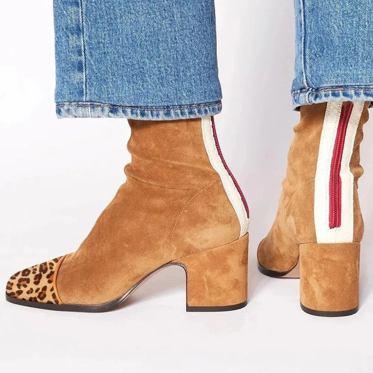 Botines de Ante Estampado Leopardo con Tacón de Bloque