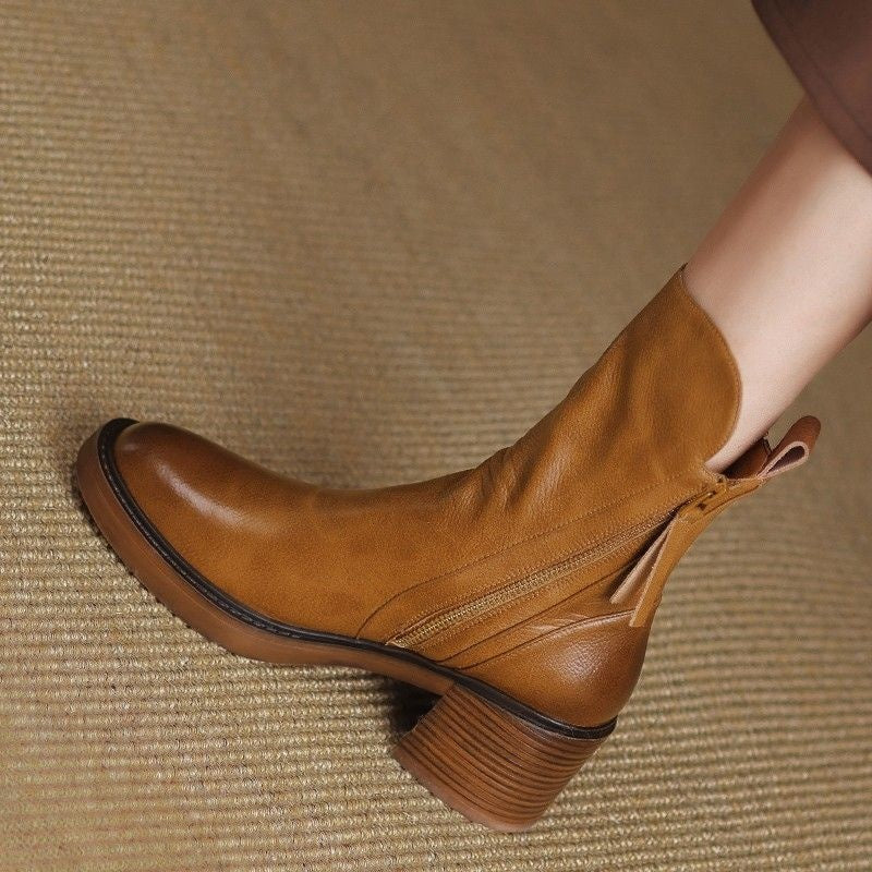 Botines de Piel Vegana con Tacón de Bloque y Cremallera Lateral
